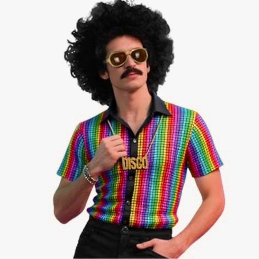 Men's 4ps 70s Disco Costume Halloween Party Outfit Short Sleeve Retro Shirt XL